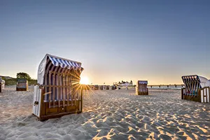 Beach baskets and pier, Ahlbeck, Usedom island, Mecklenburg-Western Pomerania, Germany