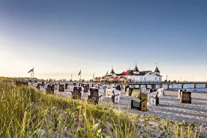 Beach baskets and pier, Ahlbeck, Usedom island, Mecklenburg-Western Pomerania, Germany