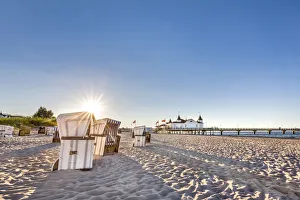 Beach baskets and pier, Ahlbeck, Usedom island, Mecklenburg-Western Pomerania, Germany