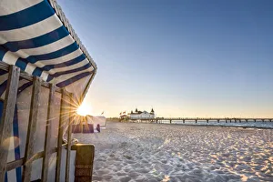 Beach baskets and pier, Ahlbeck, Usedom island, Mecklenburg-Western Pomerania, Germany