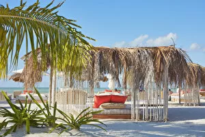 Images Dated 7th June 2022: Beach beds of a luxury resort in Holbox, Quintana Roo, Yucatan, Mexico