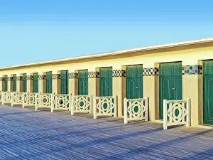 Hollywood Prints: Beach Cabbins with Names of famous American Hollywood Movie Stars at Les Planges