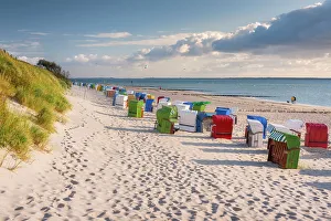 Beach chair at beach near Utersum, Fohr Island, North Sea, North Frisian Islands, Schleswig-Holstein Wadden Sea National Park, North Frisia, Schleswig-Holstein, Germany, Europe