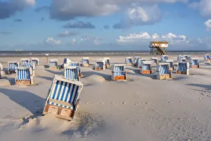 Beach Chair Prints: Beach chairs and Stilt house at beach, Sankt Peter-Ording, North Sea, North Frisia