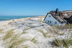 Dyke House Prints: Beach and Deichhaus in Ahrenshoop, Mecklenburg-West Pomerania, Northern Germany, Germany