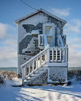 Intimate Landscape Prints: Beach house with snow on Cape Cod, Falmouth Heights, Massachusetts, USA