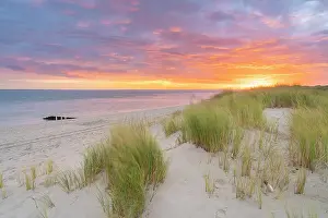 Sand Dunes Prints: Beach near List-Ost lighthouse and grass covered sand dunes at sunrise