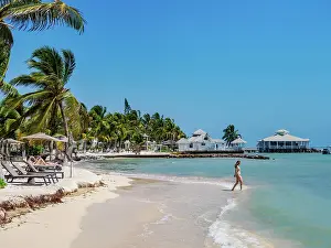 Cayo Ambergris Prints: Beach at the waterfront of San Pedro Town, Ambergris Caye, Belize District, Belize