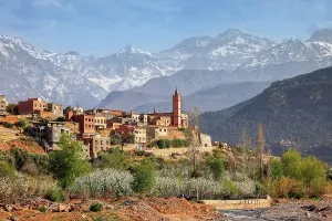 Mosque Prints: Beautiful hilltop village near Tahnaout and the Atlas Mountains beyond, Morocco
