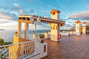 Cala Fornells Prints: Beautiful hotel terrace in Cala Fornells at sunrise, Mallorca, Balearic Islands, Spain