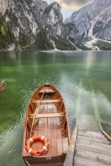 South Tyrol Collection: Beautiful old wooden rowing boat on Lake Braies, South Tyrol, Italy