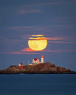 Michael Blanchette Prints: Beaver Moon over Nubble Lighthouse, York, Maine, USA