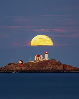 Moon Prints: Beaver Moon over Nubble Lighthouse, York, Maine, USA