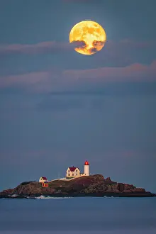York Prints: Beaver Moon rising over Nubble Lighthouse, York, Maine, USA