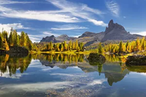 Becco di Mezzodi reflected in Lago di Federa, Lago di Federa, Ampezzaner Dolomites