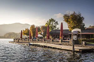 Oberbayern Prints: Beer garden on the banks of the Schliersee, Schliersee, Upper Bavaria, Bavaria, Germany
