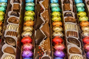 Images Dated 21st April 2017: Belgian pralines and chocolate on sale in a chocolate shop at Galeries St-Hubert