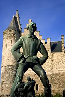 Antwerpen Prints: Belgium, Antwerp, Flanders, Europe; Scupture representing Giant Antigon at the Steen fortress
