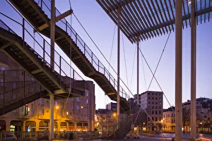 Belgium, Antwerp, Theaterplein, Stadsschowburg theater canopy and exterior stairs, dawn