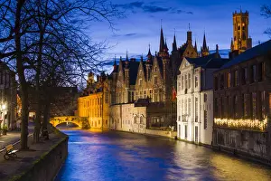 Belgium Prints: Belgium, Bruges, canalside buildings and Belfort Tower, dusk