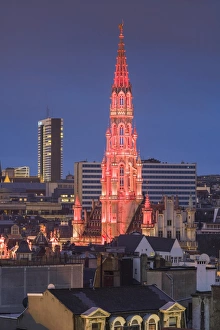 Grand Place Prints: Belgium, Brussels, Grand Place, elevated skyline with Hotel de Ville, dusk