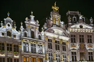 Grand Place Prints: Belgium, Brussels, Grand Place, evening illumination of the Guild Halls