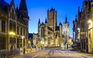 Belgium, Flanders, Ghent (Gent). Sint-Niklskerk (Saint Nicholas Church) and Het Belfort van Gent