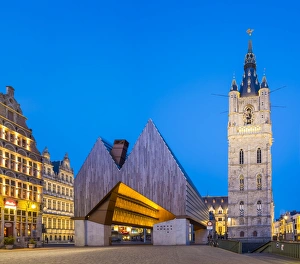 Belgium, Flanders, Ghent (Gent). Het Belfort van Gent, 14th century belfry, and Stadshal
