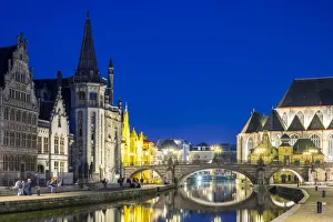 Belgium, Flanders, Ghent (Gent). Michielsbrug, St. Michaels Bridge, and Sint-Michielskerk