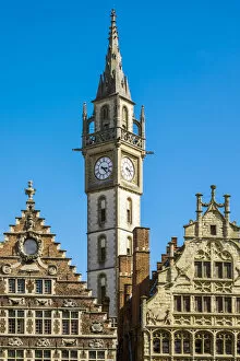 Images Dated 13th July 2016: Belgium, Flanders, Ghent (Gent). Former Post Office clocktower and medieval guild
