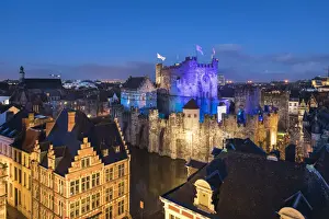 Flanders Prints: Belgium, Flanders, Ghent, Night view of the Gravensteen castle