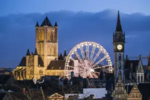 Ferris Wheel Prints: Belgium, Flanders, Ghent, St Nicholas church and the Ferris wheel at night