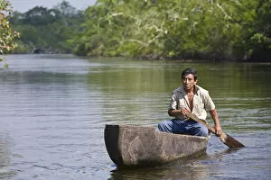 Images Dated 2nd April 2008: Belize, Lamanai, New River, Fisherman in dug out canoe