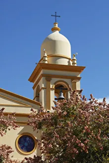 Valles Calchaquies Prints: The bell tower of the Our Lady of Rosary Cathedral in the cask of Cafayate