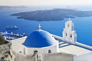 Mediterranean Collection: Bell Tower of Orthodox Church overlooking the Caldera in Fira, Santorini (Thira)
