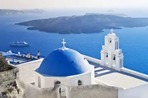 Thira Prints: Bell Tower of Orthodox Church overlooking the Caldera in Fira, Santorini (Thira)