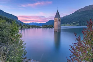 No Body Prints: Bell tower submerged of Resia lake at sunrise Europe, Italy, Trentino Alto Adige