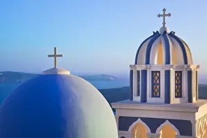 Bell Towers of Orthodox Church overlooking the Caldera in Fira, Santorini (Thira)