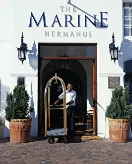 A bellboy pushes the luggage trolley through the Hotel entrance