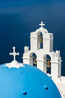 Images Dated 15th June 2017: Three Bells of Fira with blue dome, Fira, Santorini, South Aegean, Greece