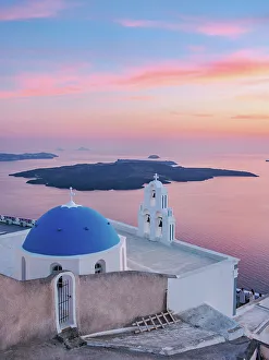 Three Bells of Fira, iconic blue domed church at sunset, Fira, Santorini or Thira Island, Cyclades, Greece