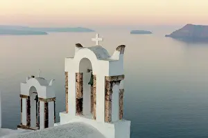 Belltower Prints: Belltower and caldera view at dawn, Oia, Santorini, Cyclades Islands, Greece, Europe