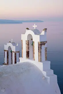 Aegean Prints: Belltower and caldera view at dawn, Oia, Santorini, Cyclades Islands, Greece, Europe