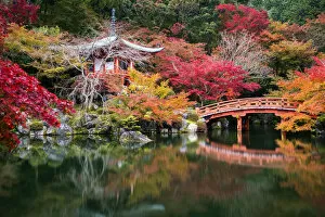 Adashino Nembutsu Ji Temple Gallery: Bentendo Hall & Bridge in Autumn, Daigo-ji Temple, Kyoto, Japan