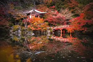 Footbridge Prints: Bentendo Hall & Bridge in Autumn, Daigo-ji Temple, Kyoto, Japan
