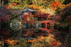 Footbridge Prints: Bentendo Hall & Bridge in Autumn, Daigo-ji Temple, Kyoto, Japan