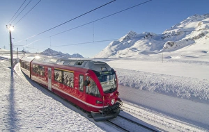 Bernina Express at Berninapass. Engadine valley, Switzerland, Europe