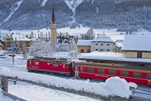 Red Train Prints: Bernina Express at Berninapass. Engadine valley, Switzerland, Europe