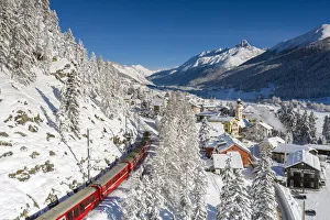 Bernina Express passes in Madulain, Graubunden, Maloja, Switzerland, Europe