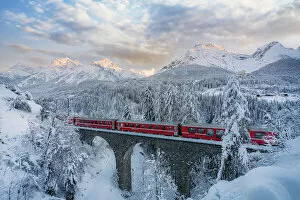 Bernina Express passes on a viaduct near Tarasp, Graubunden, Engadine, Switzerland